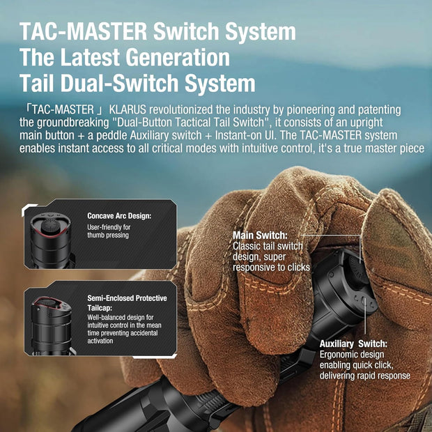 KLARUS xt11gt pro ultieme controle dual-switch tactische zaklamp met 3300 lumen, 380 meter balk, IPX8 waterdicht voor kamperen, wandelen en noodsituaties