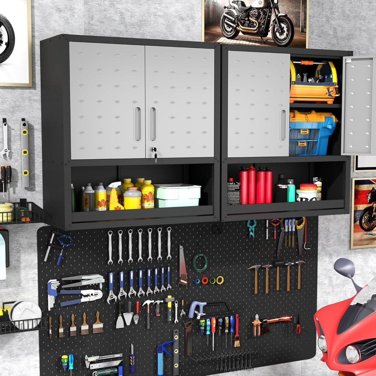 Garagewandkast met deuren en planken, metalen wandkast met open opbergruimte, hang-gereedschapskast voor garage en bijkeuken, zwart en grijs