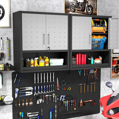 Garagewandkast met deuren en planken, metalen wandkast met open opbergruimte, hang-gereedschapskast voor garage en bijkeuken, zwart en grijs