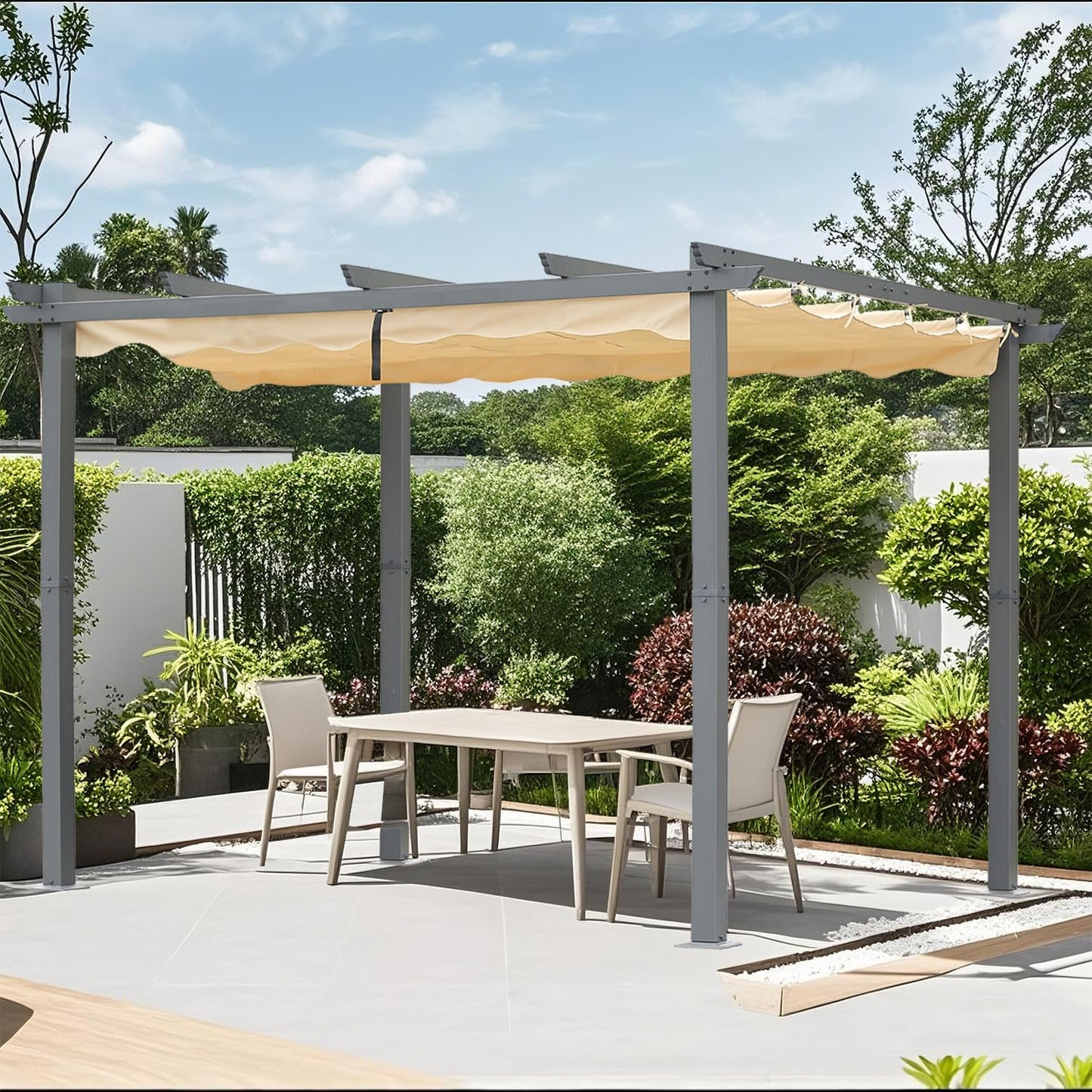 Angel Living Aluminium Pergola with Retractable Roof, Elegantly Designed Pavilion, Arbor with Water and UV Resistant Polyester Cloth, for Outdoor Use (Beige, 3x3m) - QUORE