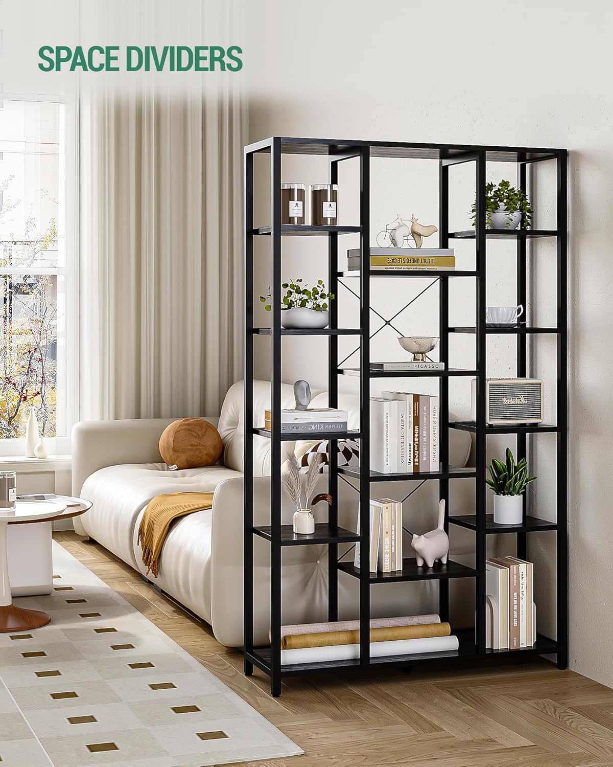 Hzuaneri Bookshelf, 6 Tier Bookcase with 15 Open Shelves, Adjustable Storage Cabinet for Living Room and Home Office, 30 x 100 x 170 cm, Black with Wood Grain BC15004B
