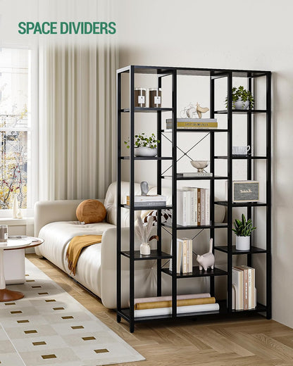 Hzuaneri Bookshelf, 6 Tier Bookcase with 15 Open Shelves, Adjustable Storage Cabinet for Living Room and Home Office, 30 x 100 x 170 cm, Black with Wood Grain BC15004B