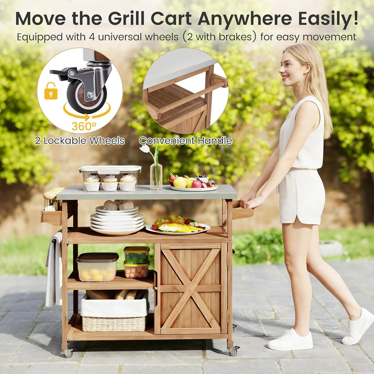 FANTASK Grillwagen voor buiten, serveerwagen met roestvrijstalen plaat, planken, kast & kruidenrek op wielen voor BBQ, 130 x 47 x 92 cm (2 deuren: 130 x 47 x 92 cm)