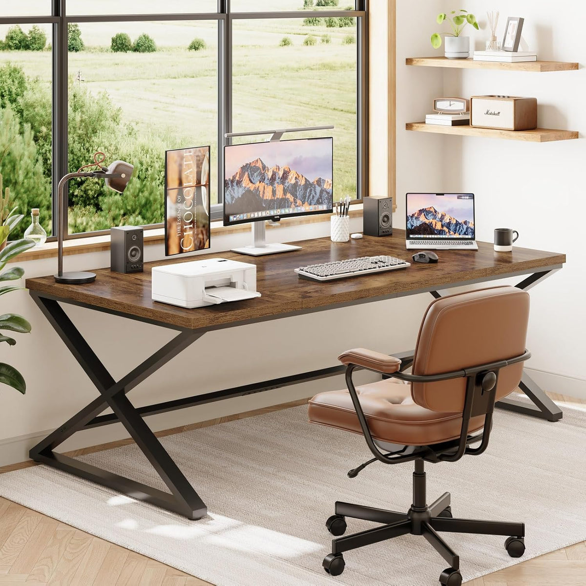 IBF 71 inch Rustiek computerbureau, extra lang houten bureau voor thuis, industriële metalen grote werkstudie schrijftafel, dubbele monitor pc werkstation computertafel voor twee personen, rustiek