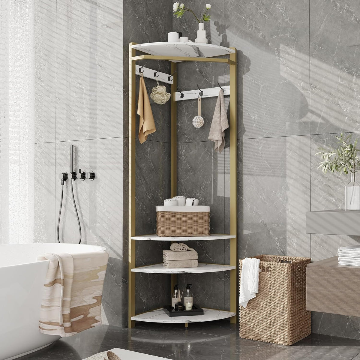 Coat Rack Corner Wardrobe Metal with 6 Double Hooks Storage Rack Shoe Rack Open Clothes Stand Hallway Rack Space Saving Industrial Design for Hallway, Living Room, Bedroom, Office, Gold - QUORE