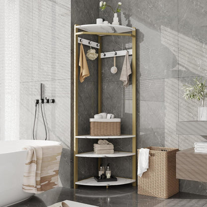 Coat Rack Corner Wardrobe Metal with 6 Double Hooks Storage Rack Shoe Rack Open Clothes Stand Hallway Rack Space Saving Industrial Design for Hallway, Living Room, Bedroom, Office, Gold - QUORE