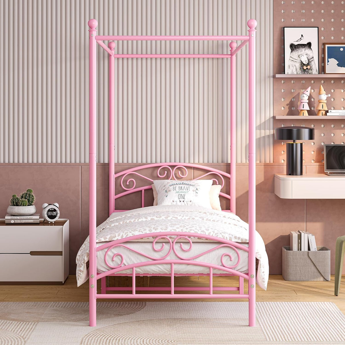 JURMERRY 90 cm eenpersoons hemelbedframe met sierlijk hoofdeinde en voetenplank in Europese stijl, stevig staal, perfect, eenvoudige doe-het-zelf montage, alle onderdelen inbegrepen, roze, 90 x 190 cm