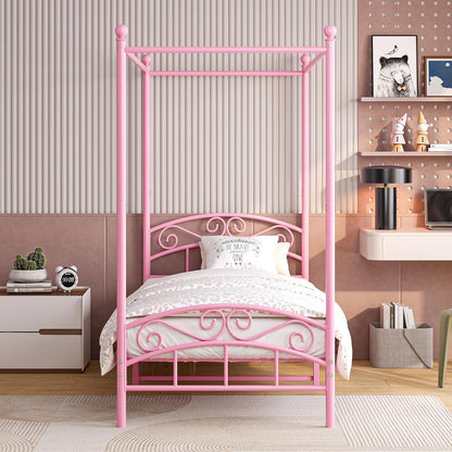 JURMERRY 90 cm eenpersoons hemelbedframe met sierlijk hoofdeinde en voetenplank in Europese stijl, stevig staal, perfect, eenvoudige doe-het-zelf montage, alle onderdelen inbegrepen, roze, 90 x 190 cm