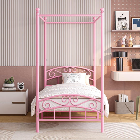 JURMERRY 90 cm eenpersoons hemelbedframe met sierlijk hoofdeinde en voetenplank in Europese stijl, stevig staal, perfect, eenvoudige doe-het-zelf montage, alle onderdelen inbegrepen, roze, 90 x 190 cm