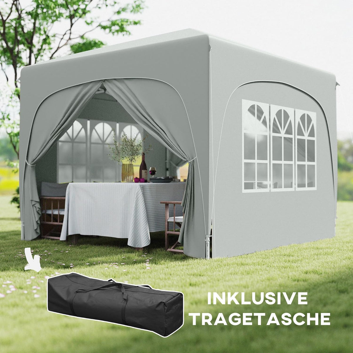 Outsunny Pavillon 3x3m, wasserabweisend Stabil Winterfest Pop-up Faltpavillon, UV Schutz 50+, Faltbar Partyzelt Gartenzelt mit 4 Seitenteilen Tasche Gartenpavillon für Camping Garten, Hellgrau - QUORE