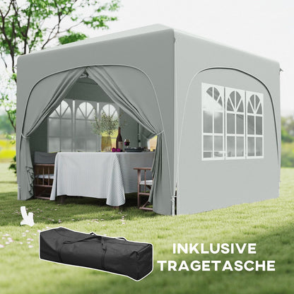 Outsunny Pavillon 3x3m, wasserabweisend Stabil Winterfest Pop-up Faltpavillon, UV Schutz 50+, Faltbar Partyzelt Gartenzelt mit 4 Seitenteilen Tasche Gartenpavillon für Camping Garten, Hellgrau - QUORE