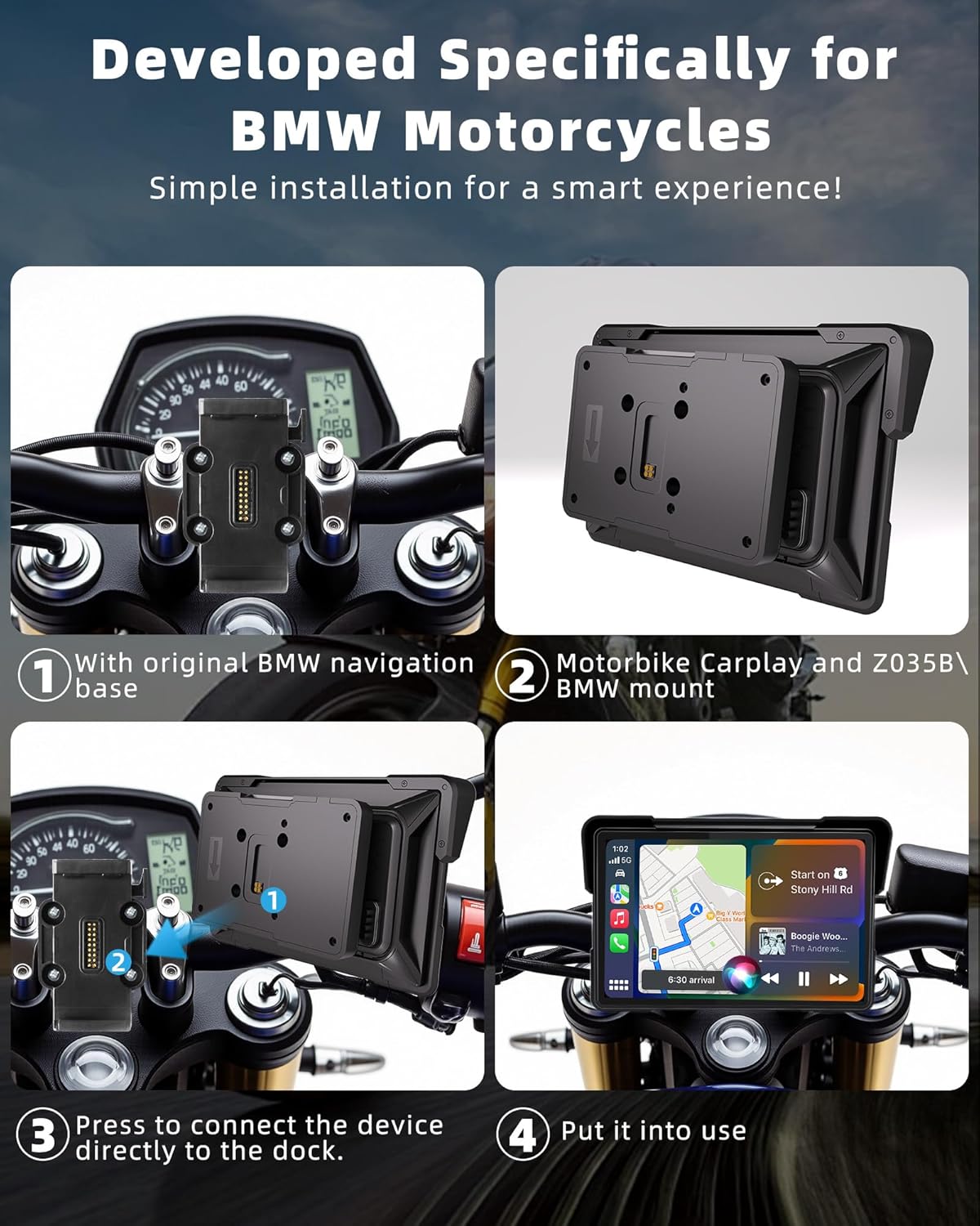 Jansite Carplay 7 inch (17,7 cm) Carplay, Con Supporto BMW, IPS motorfiets, display, navigatieapparaat voor motorfietsen met dubbele Bluetooth, Siri/G-oogle Assistant, IP67 waterdicht scherm