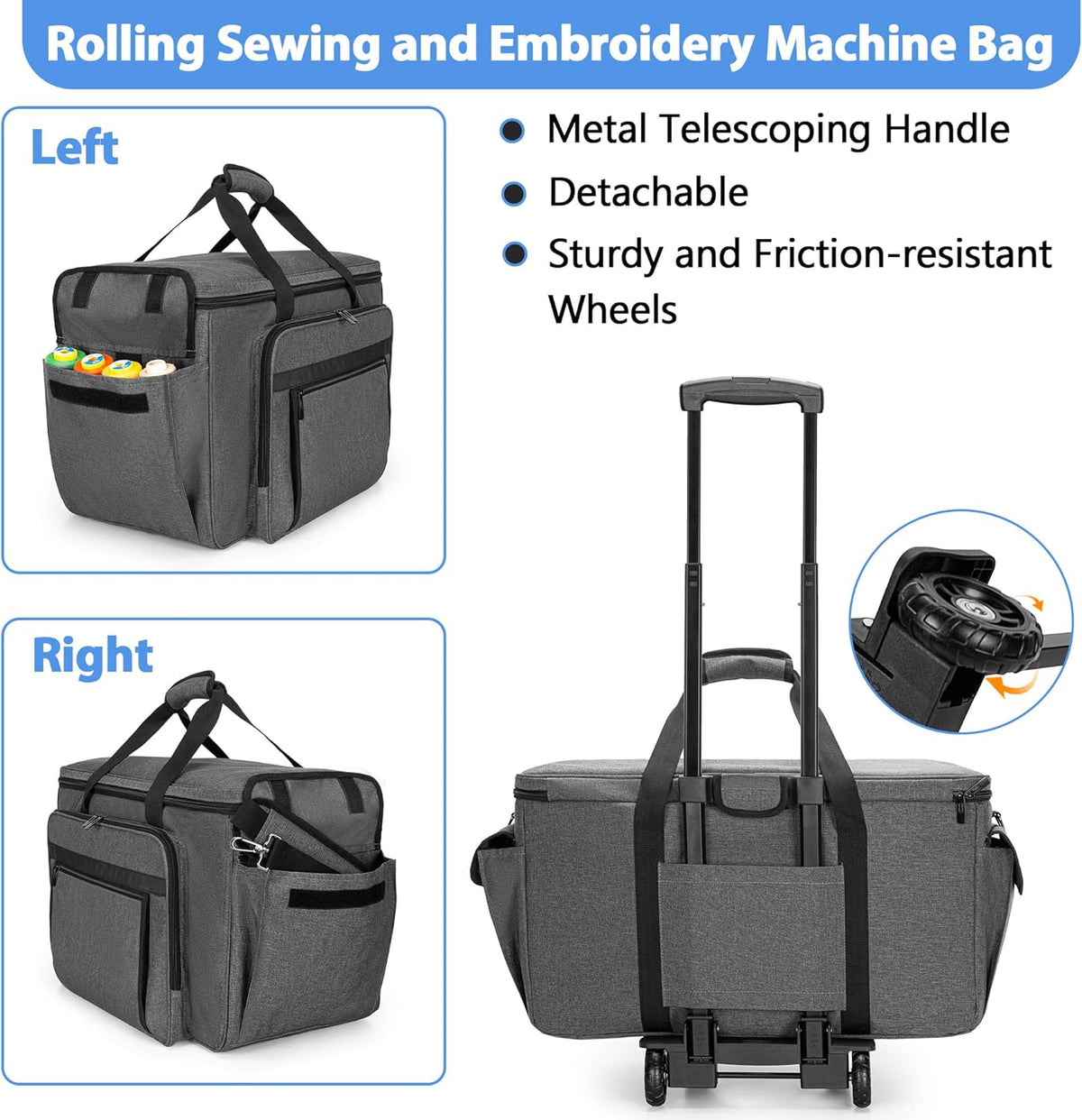 CURMIO Borduur- en Naaimachine Draagtas met Wielen, Rolbare Borduurmachine Tote Bag met Ondersteunende Bodemplaat voor Borduurmachine en Naaibenodigdheden, Grijs