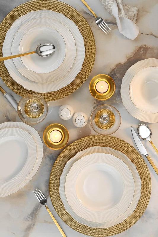 Elegante 26-delige dinerset, 100% porselein, wit en goud, inclusief serviesborden, diepe borden, kommen en borden, vaatwasser- en magnetronbestendig