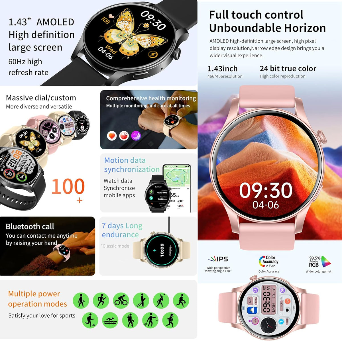 Smartwatch Damen met Bluetooth Bellen, 1,43" AMOLED Touchscreen Slimme Horloge, 5ATM Waterdicht 123 Sporthorloges, SpO2, Hartslagmeter, Slaapmonitor, Fitnesstrackerhorloge voor Android iOS (Roze)