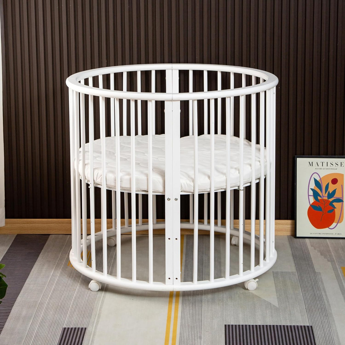 Baby Box – Round Wooden Play Box – Playpen – Includes Mattress – 91x91x85cm – White - QUORE