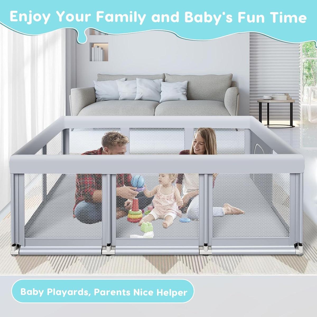 188cm×50" Large Baby Playpen Baby Playground for Babies and Toddlers, Baby Fence Play Pins for Indoor & Outdoor, Sturdy Safety Playground with Soft Breathable Mesh, Anti-Fall, Grey - QUORE