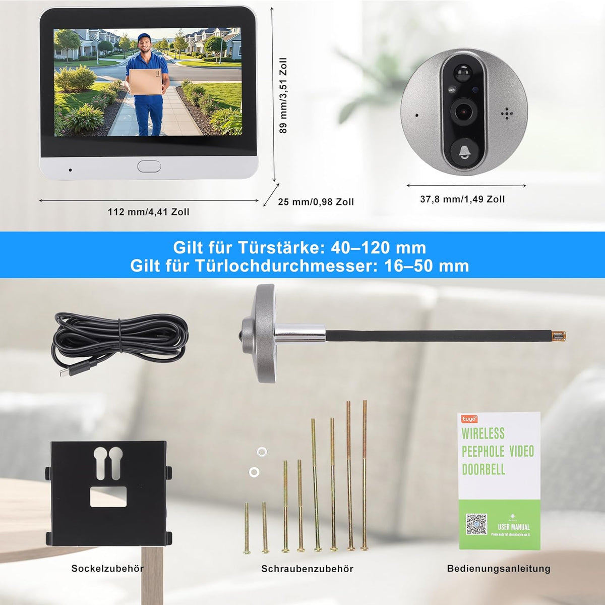 Draadloze deurbel met camera en 4,3 inch scherm, 1080p HD-video, nachtzicht, twee-weg audio, voor Tuya-app, geen wifi nodig, eenvoudige installatie voor voordeur