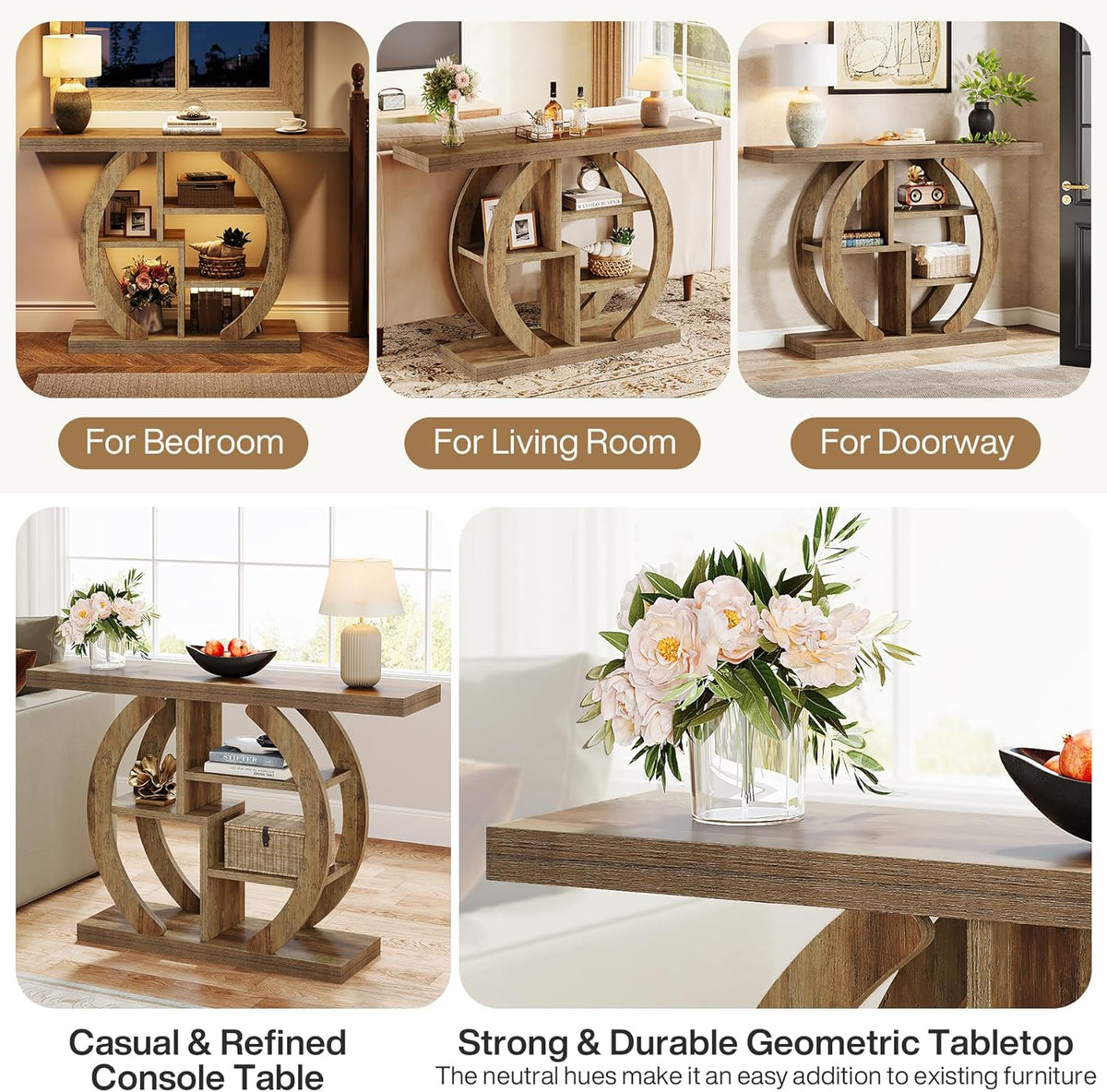 Tribesigns Console Table 108 cm, 4 Step Sofa Table, Entrance Table with Circle Base, Wooden Accent Tables with Storage, Shelves for Living Room, Hallway, Foyer, Light Oak Brown
