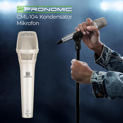 Pronomic CML-104 Condensatormicrofoon voor nauwkeurige geluidsopname - Handmicrofoon met windscherm - Nierfunctie microfoon - Studio-microfoon voor het podium - Incl. klem en tas