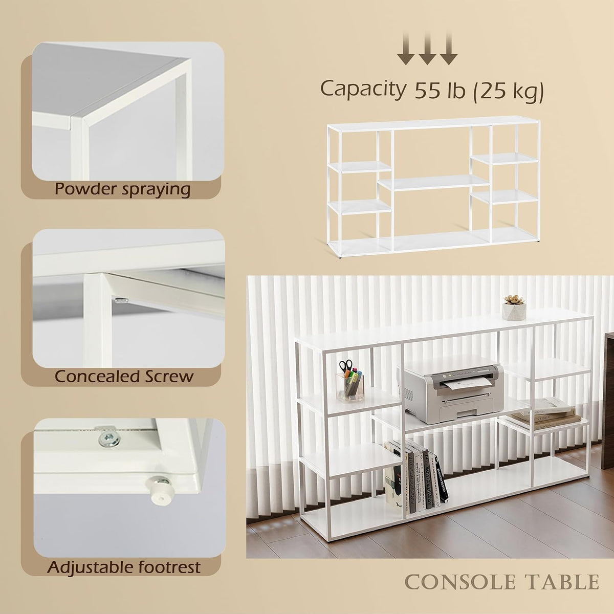 HDANI Consoletafel 140 cm, modern ingangsmeubel, ingangsconsole, robuust en stabiel frame, verstelbare poten, voor woonkamer, hal, voordeur, 140 x 30 x 80 cm, wit