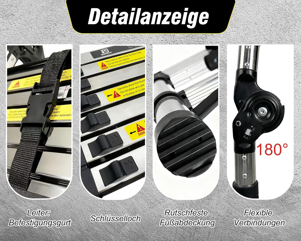 Brsheco roestvrijstalen telescoopladder opvouwbare ladder 5 m (2,5 + 2,5 m), uitschuifbare ladder 2-in-1 multifunctionele ladder, met stabilisator, breed toepasbaar, stepladder, huishoudladder, draagv