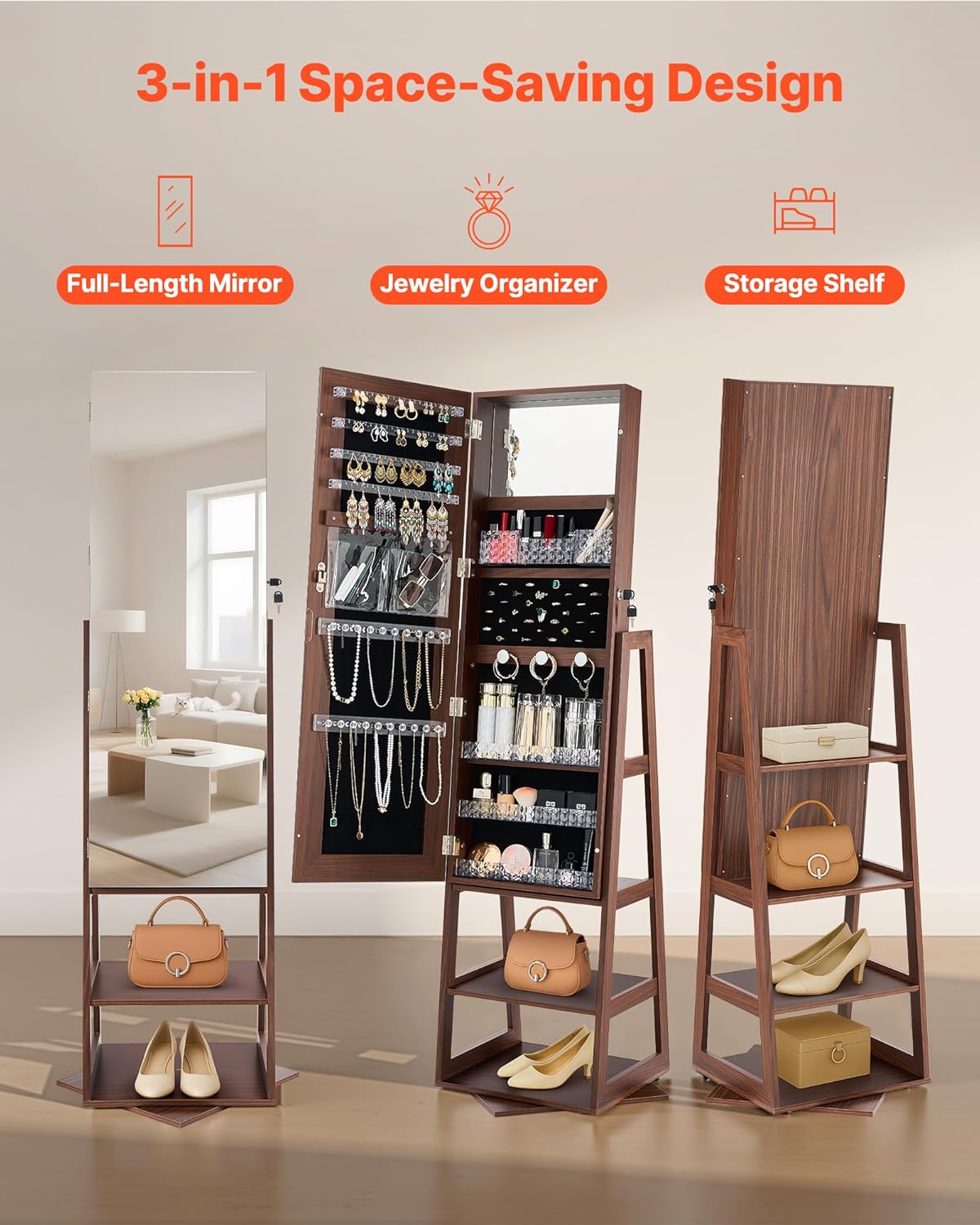 VEVOR Sieradenkast, 360° draaibaar, 1550 mm hoog, spiegel in volledige lengte met opbergruimte, staande draaibare sieradenkast, afsluitbare deur met 2 sleutels, accessoirezakjes en opbergplanken
