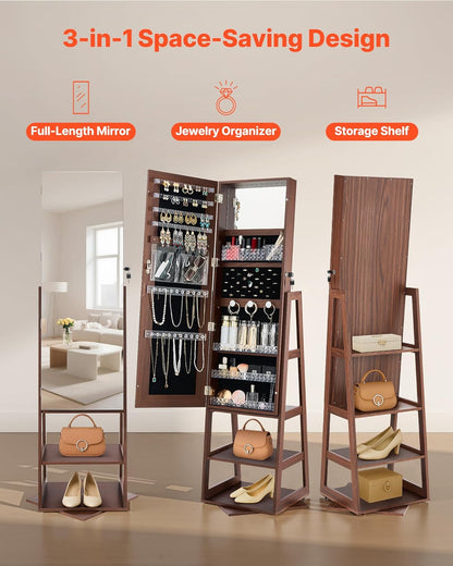 VEVOR Sieradenkast, 360° draaibaar, 1550 mm hoog, spiegel in volledige lengte met opbergruimte, staande draaibare sieradenkast, afsluitbare deur met 2 sleutels, accessoirezakjes en opbergplanken