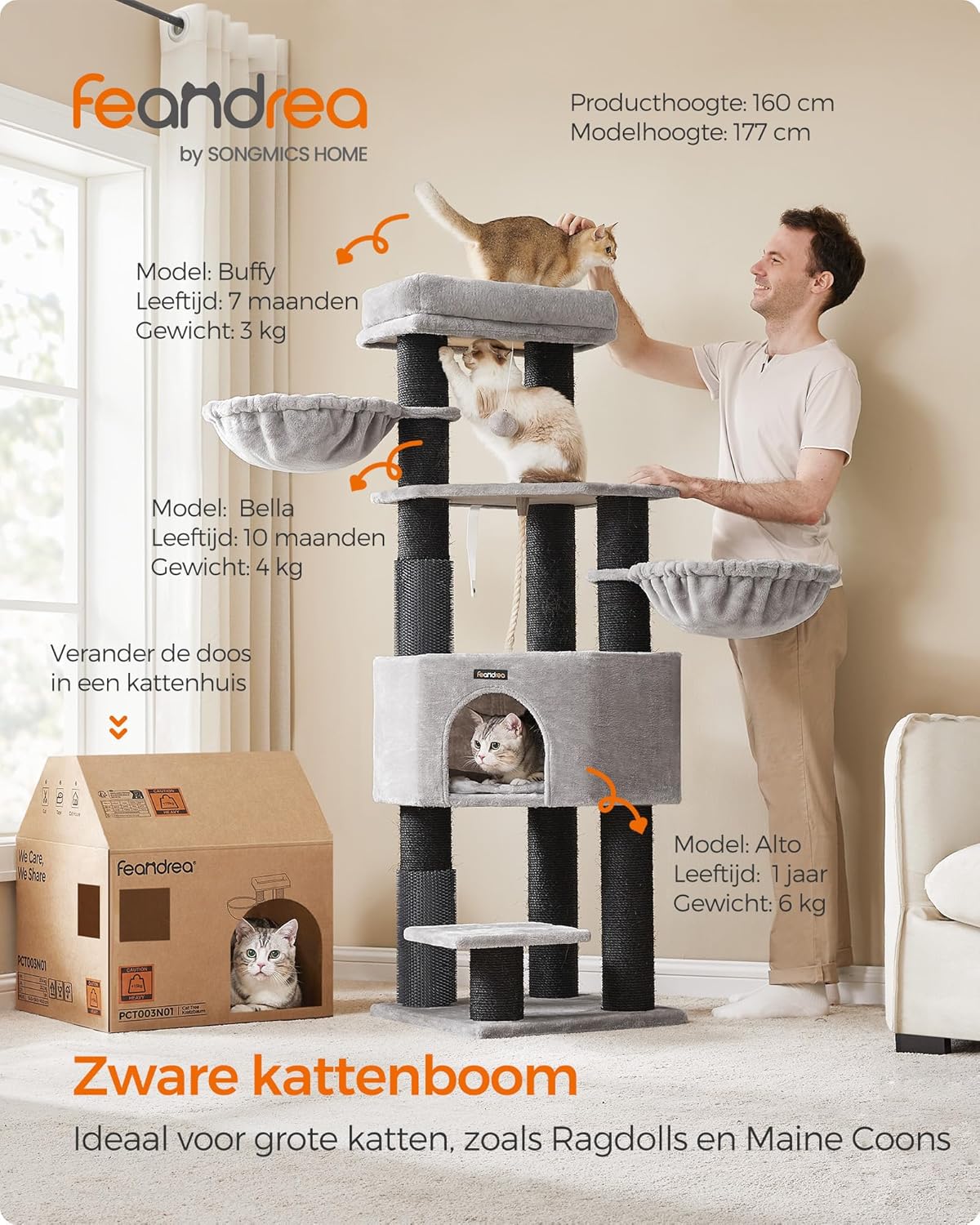 Krabpaal – Kattenboom – Kattenmeubel – Krabmeubel – Speelboom – Groot Formaat 160 cm Hoog – 11,3 cm Dikke Sisal Palen