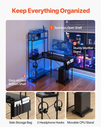 VEVOR Computer-gamingbureau, L-vormig, omkeerbaar, 1200 x 900 x 1600 mm, met stopcontacten, CPU-standaard, planken, gamingtafel voor pc, thuiskantoor