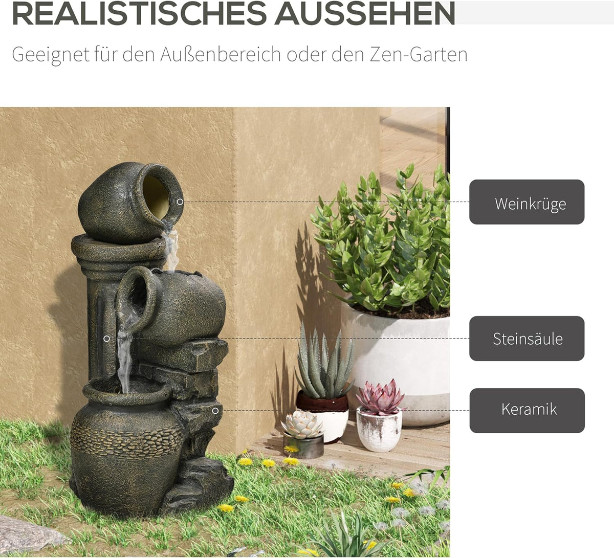 Outsunny garden fountain adjustable flow ornamental fountain with 3-layer wine jugs water feature waterfall for garden garden pond patio resin fountain - QUORE