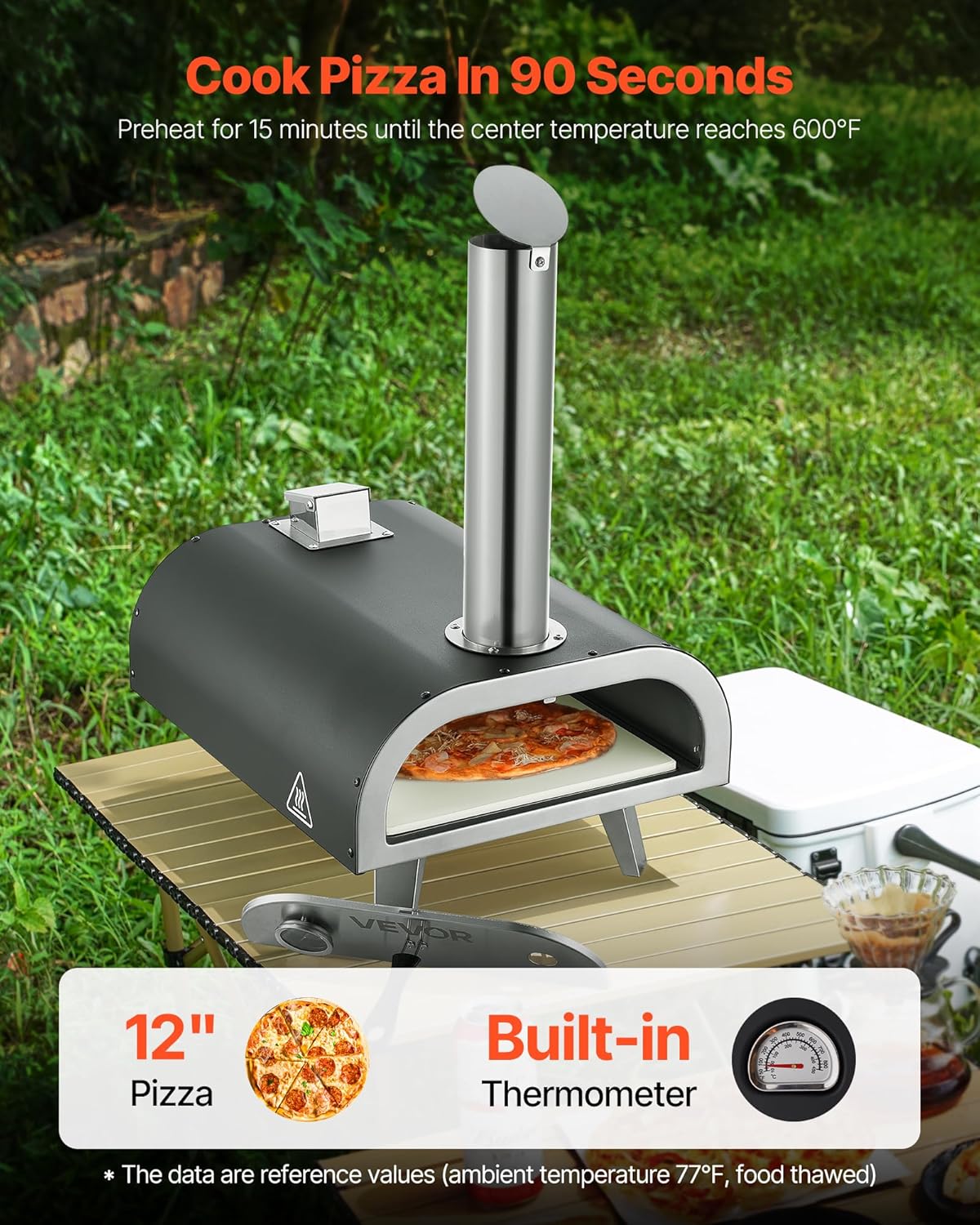 VEVOR Outdoor Pizza Oven, 30cm Wood Fired Pizza Ovens Pellet Pizza Stove with Thermometer, Portable Pizza Maker for Outdoor Backyard Patio Camping Pizza Stone Carry Bag Shovel Black - QUORE
