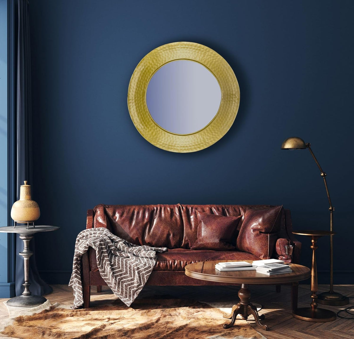Wandspiegel – Hangspiegel – Spiegel Voor Muur – Goudkleurige Spiegel – Decoratieve Spiegel – Gehamerd Gouden Frame – 60 cm Diameter – IJzeren Stijlvol Design