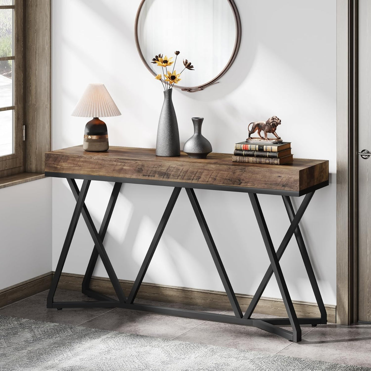 Tribesigns Console Table, 140 cm, Farmhouse Coffee Table, Wooden Entrance Table with Unique Metal Base, Small Exhibition Table, Foyer Table, Industrial Hall Table for Hallway, Living Room, Entrance