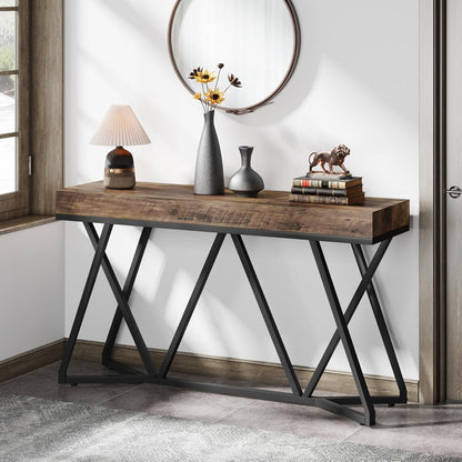 Tribesigns Console Table, 140 cm, Farmhouse Coffee Table, Wooden Entrance Table with Unique Metal Base, Small Exhibition Table, Foyer Table, Industrial Hall Table for Hallway, Living Room, Entrance