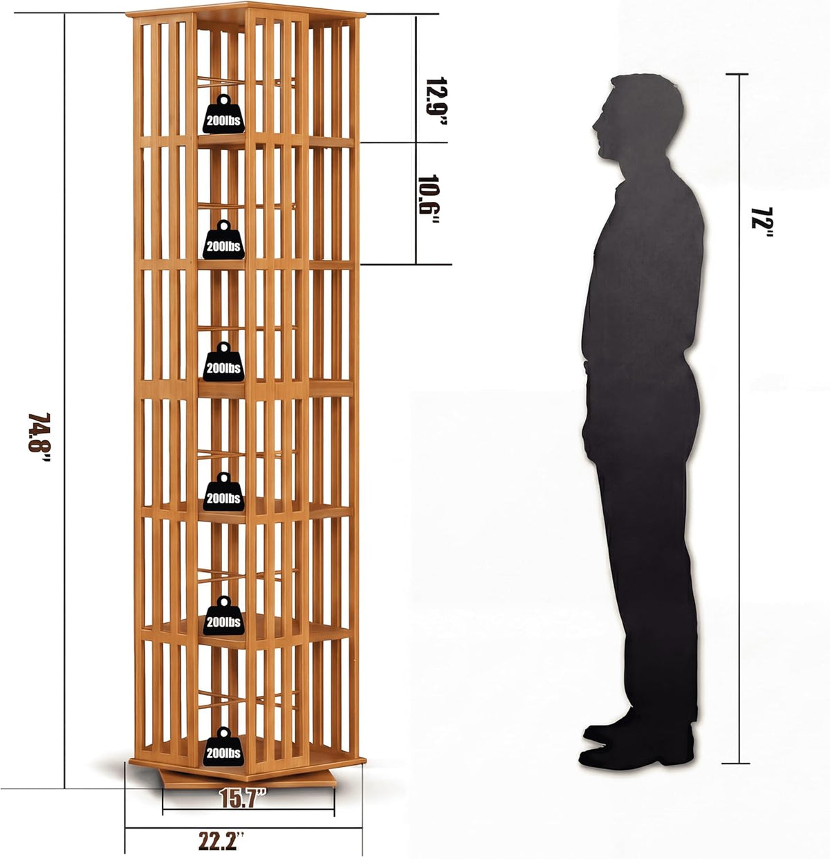Draaibare Boekenkast – Rotatie Kast – Swivel Boekenkast – Boekenplank – Opbergkast – 360° Draaiend – Hoog 190cm – Ruimtebesparend Bamboe