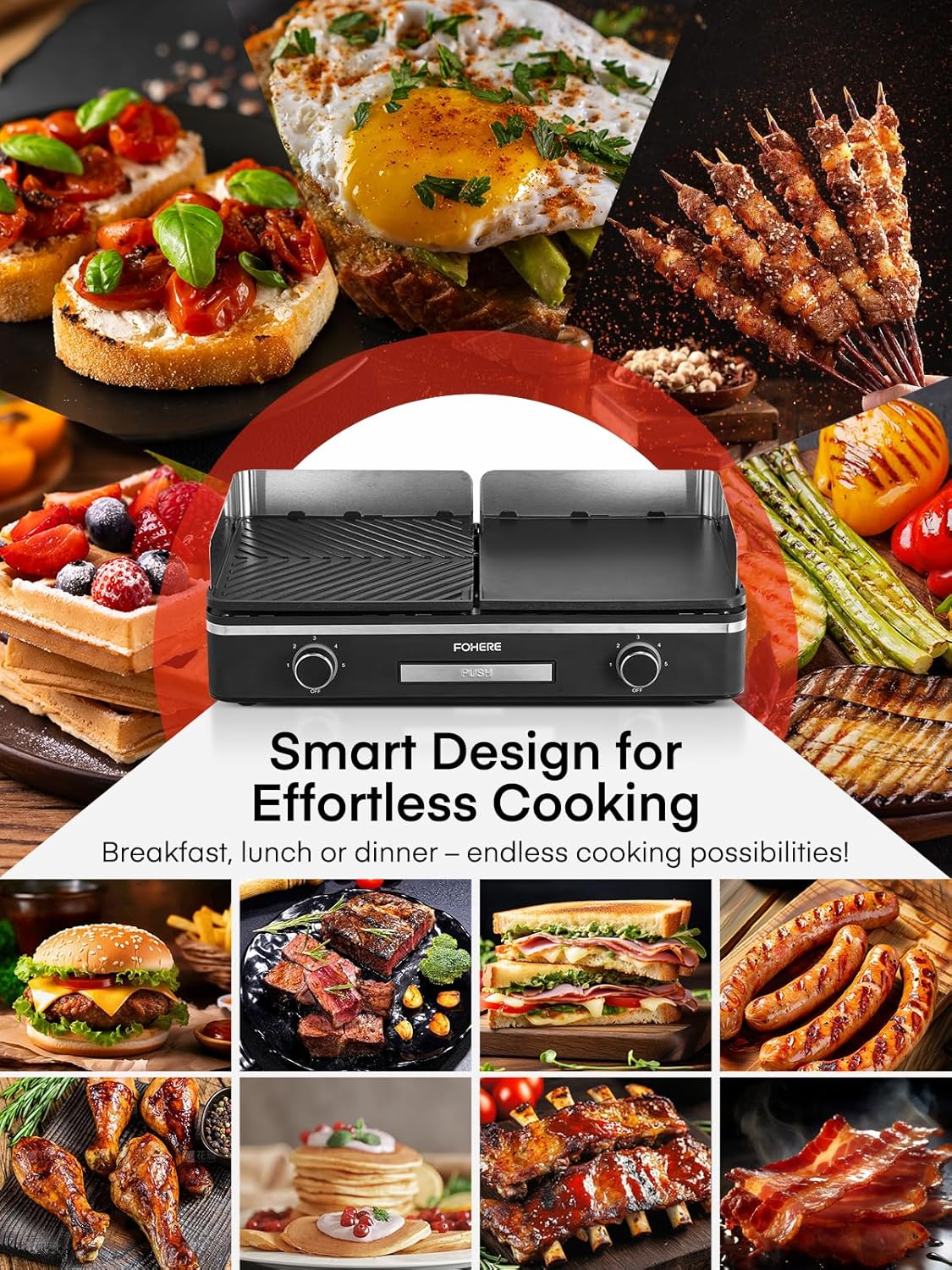 FOHERE Elektrische grill, 2400 W, tafelgrill met 2 gescheiden regelbare grillplaten (glad en geribbeld), duo-grillsysteem, 5-traps temperatuurregeling (zwart)