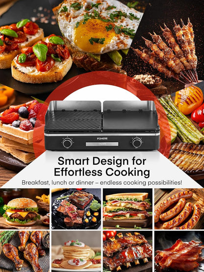 FOHERE Elektrische grill, 2400 W, tafelgrill met 2 gescheiden regelbare grillplaten (glad en geribbeld), duo-grillsysteem, 5-traps temperatuurregeling (zwart)
