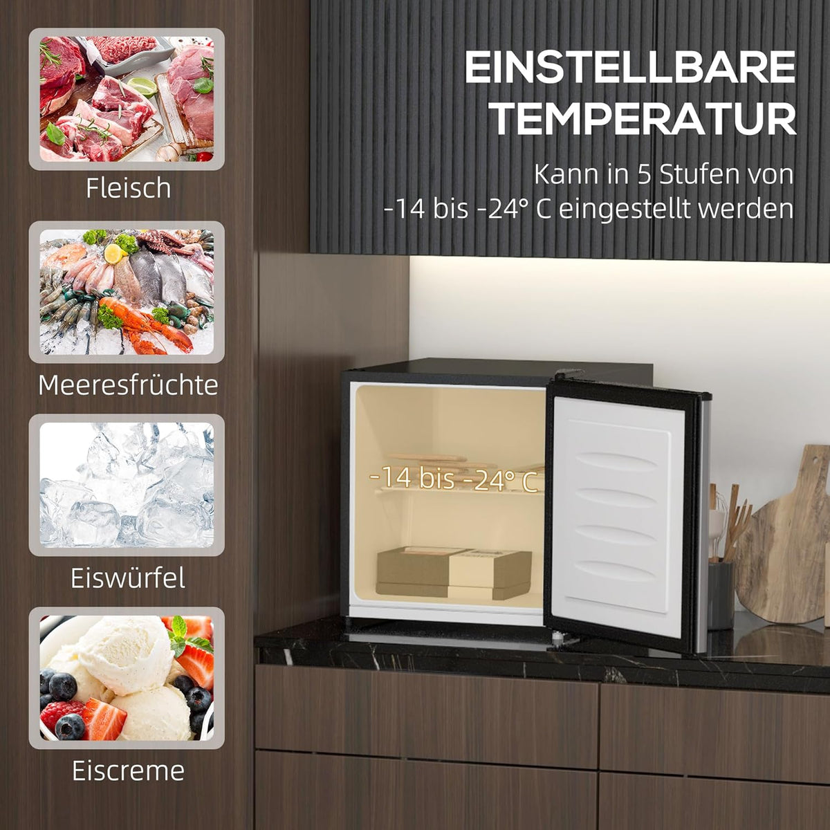 HOMCOM Mini-Gefrierschrank, 35 L Gefrierbox, electric, freistehend, Mini-Gefriertruhe, Minikühlschrank, -14 bis -24°C, 5-stufige Temperaturregelung, 47 x 44.2 x 48.8 cm, Silber - QUORE