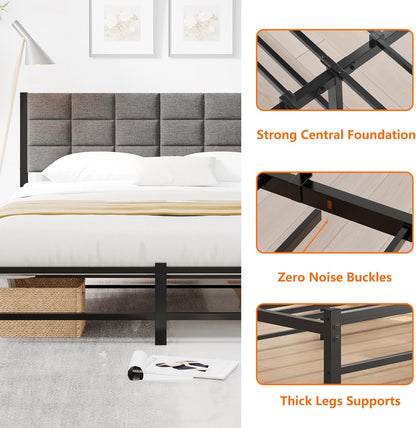 Bedframe, 120 x 200 cm met lattenbodem van metaal, gestoffeerd bed met opbergruimte, bedframe, tienerbed, tweepersoonsbed met hoofdeinde, voor slaapkamer, logeerkamer, donkergrijs