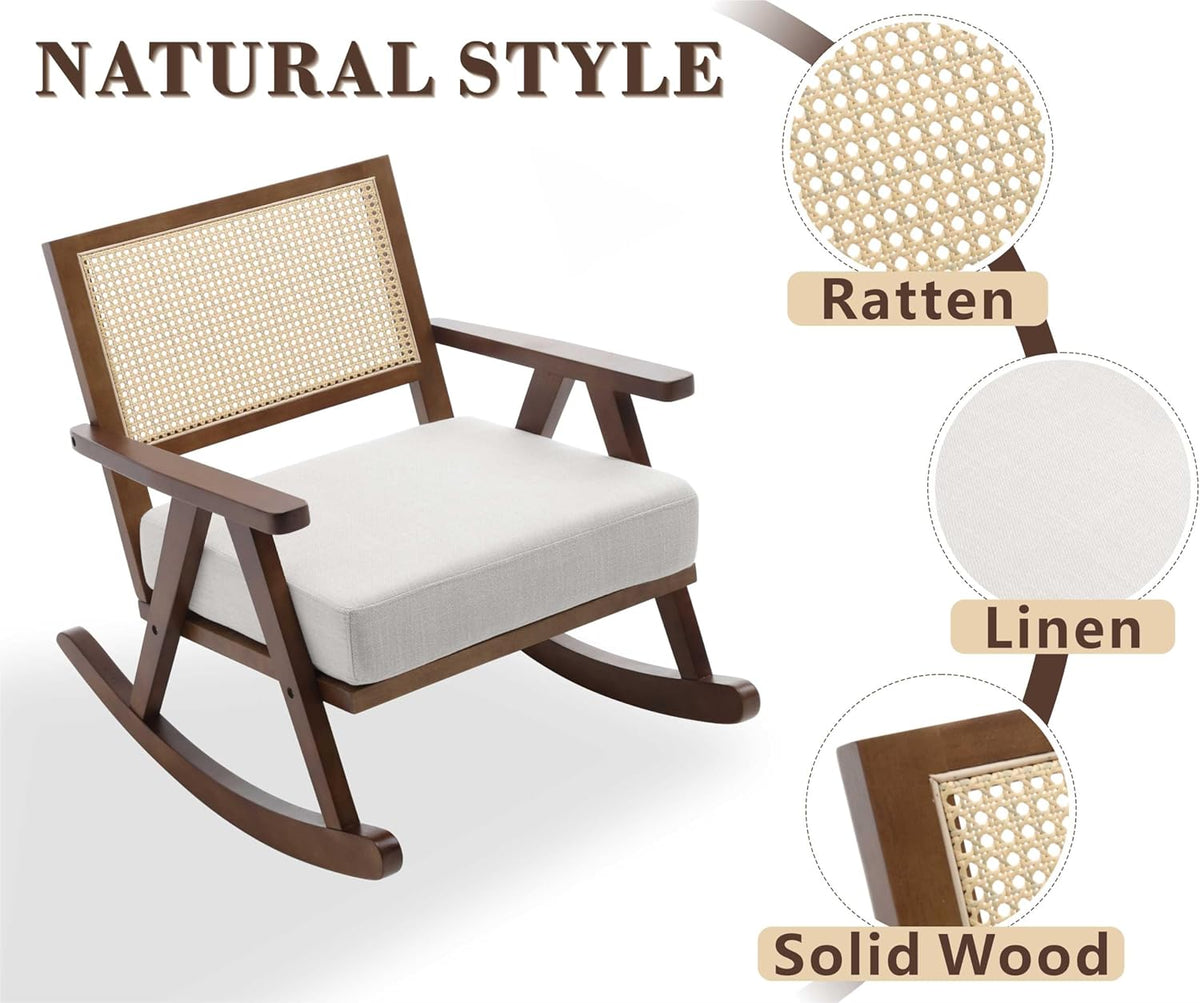 chairus Upholstered Rocking Chair for Living Room Linen Relax Chair with Rattan Backrest Leisure Lounge Recliner with Solid Wood Legs Bedroom (Brown)