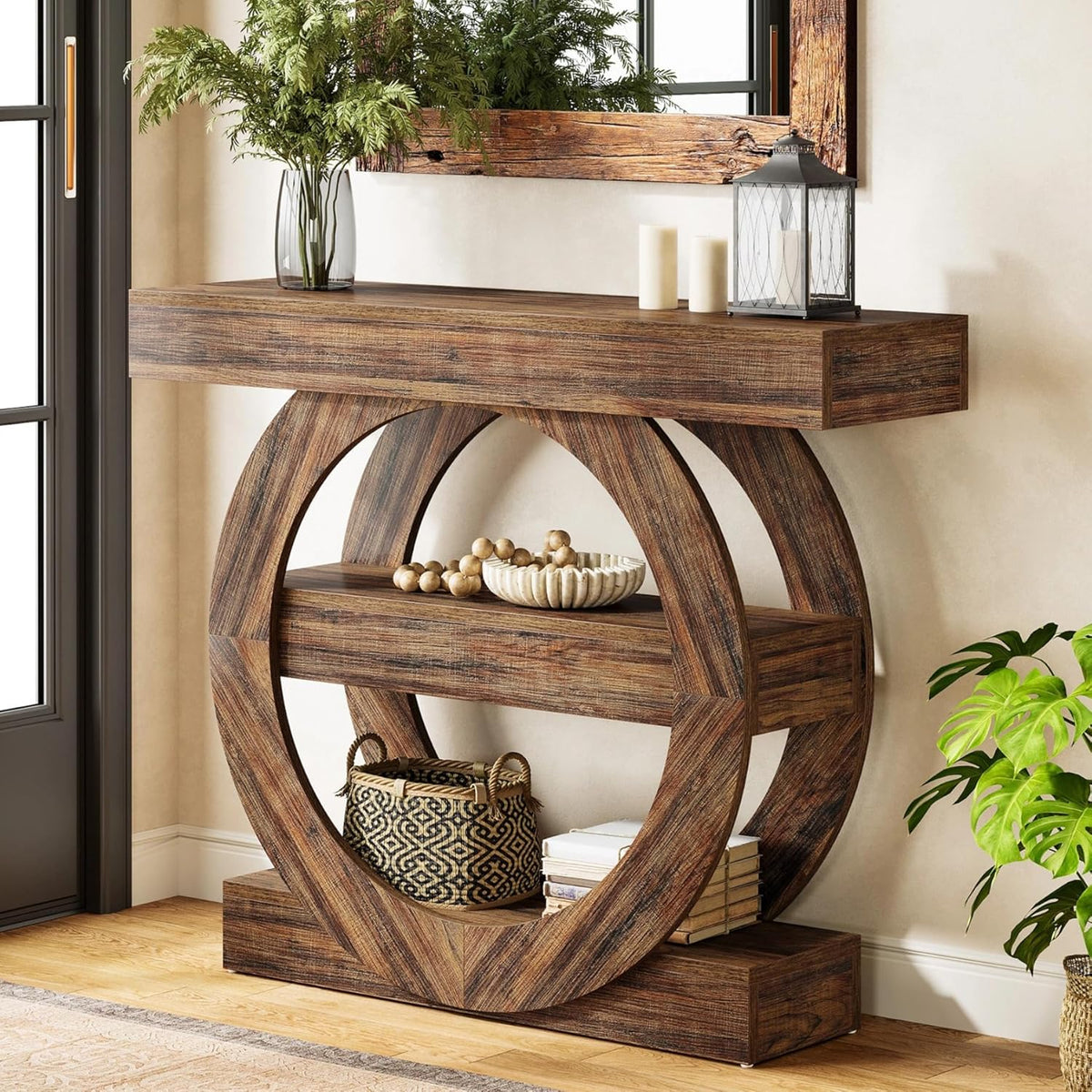 Tribesigns 100cm Entrance Table with Storage, 3 Tier Farm Console Table with Shelves, Wooden Foyer Tables for Entrance, Living Room, Hallway, Behind Sofa (Rustic Brown)