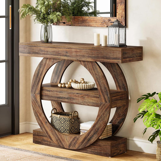 Tribesigns 100cm Entrance Table with Storage, 3 Tier Farm Console Table with Shelves, Wooden Foyer Tables for Entrance, Living Room, Hallway, Behind Sofa (Rustic Brown)
