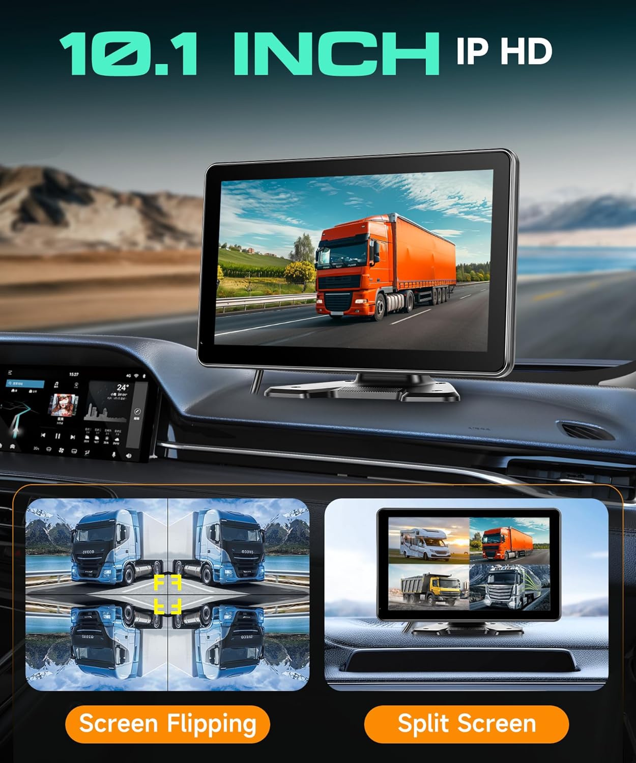 Achteruitrijcamera, 10,1 inch, IPS HD, 1080P, kleurenmonitor en 4 camera's, achteruitrijcamera met BSD DVR-opname, nachtzicht, dodehoekwaarschuwing, USB/TF, waterdichte camera voor vrachtwagen, camper