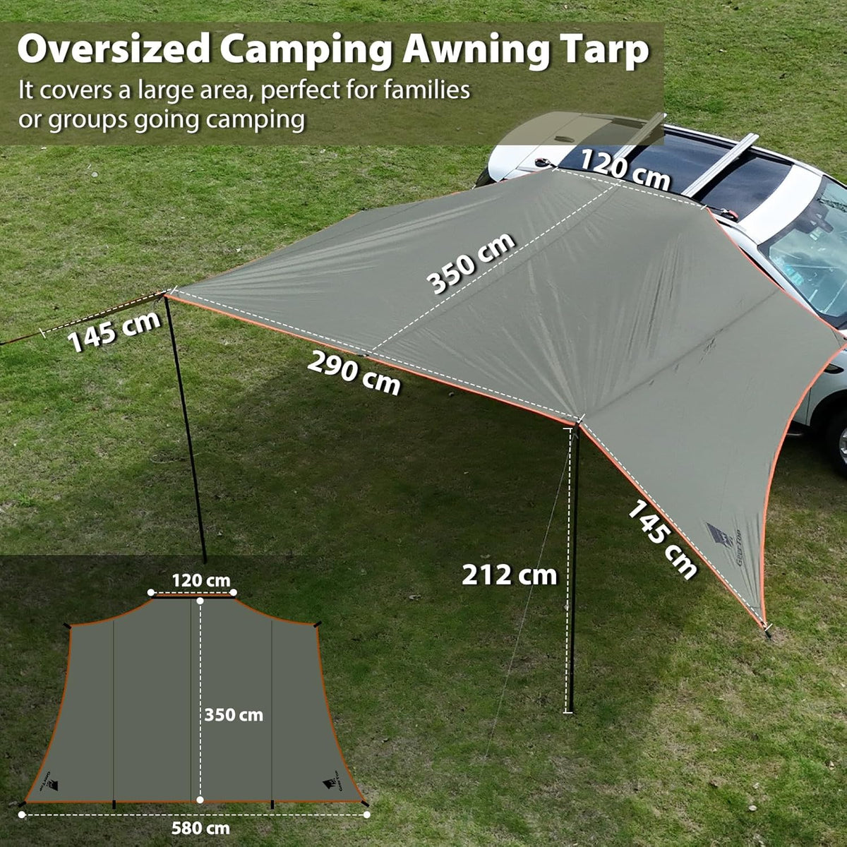GEERTOP 3,5 x 5,8 m Automarkise Zonnescherm, Waterdicht 3000 mm Grote voortent auto met 2 stangen, Waterafstotend Zonnedak voor autocamping, SUV, MPV, Camper