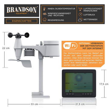 Brandson - Draadloos weerstation met 5-in-1 buitensensor – weergegevens via app – weersvoorspelling – binnen- en buitentemperatuur – windmeter en regensensor – windrichting – lcd-kleurenscherm