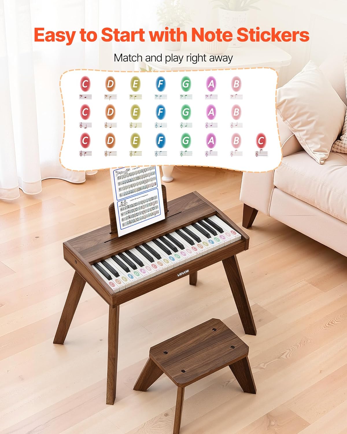 Toetsenbord Voor Kinderen Walnoot – Kinderpiano – Speelgoedpiano – Houten Piano – Mini Piano – 37 Toetsen – USB-C En Batterijen