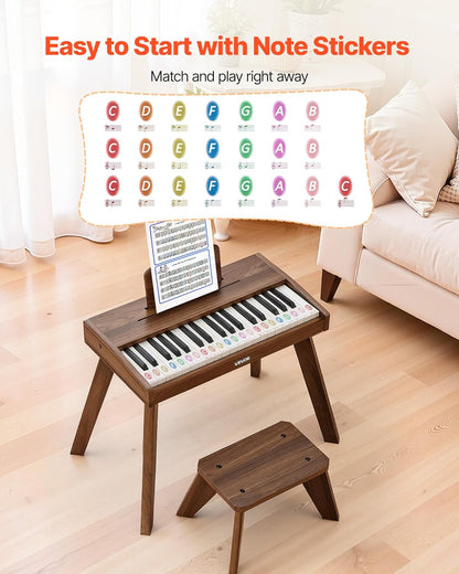 Toetsenbord Voor Kinderen Walnoot – Kinderpiano – Speelgoedpiano – Houten Piano – Mini Piano – 37 Toetsen – USB-C En Batterijen