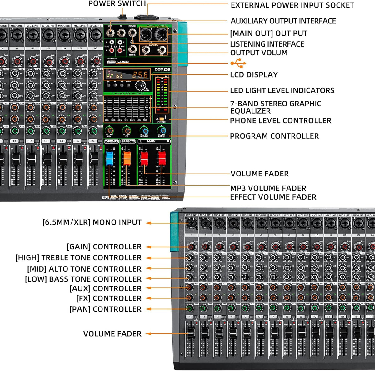 Professionele 16-Kanaals Mixer – Audiomixer – Mengpaneel – Mengtafel – Geluidsmixer – 48V Fantoomvoeding – 256 DSP-Effecten