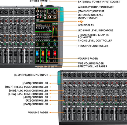 Professionele 16-Kanaals Mixer – Audiomixer – Mengpaneel – Mengtafel – Geluidsmixer – 48V Fantoomvoeding – 256 DSP-Effecten